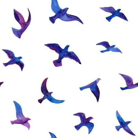 Seamless background with hand drawn watercolor birds flock.のイラスト素材