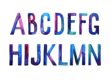 Hand drawn watercolor artistic font, letters A-N