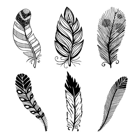 Ethnic feather vector set. Hand-drawn illustration.のイラスト素材