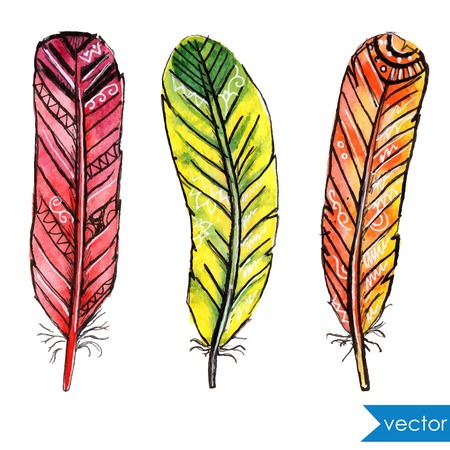Ethnic tribal feathers set. Vector watercolor illustration.のイラスト素材