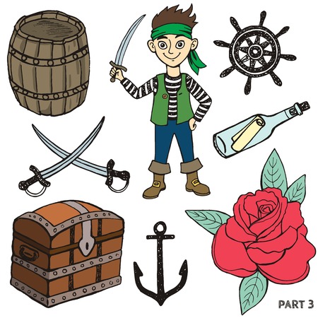 Sketch pirates set. Hand drawn illustrations. isolated pictures for little kidsのイラスト素材