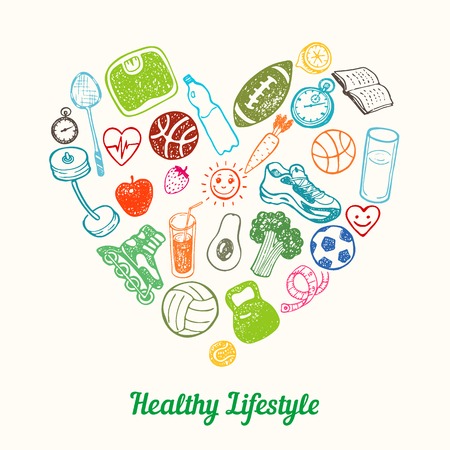 Healthy Lifestyle Background. Hand drawn Icons set in the shape of heartのイラスト素材