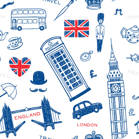Hand drawn seamless pattern with England symbols and landmarks. London set.のイラスト素材