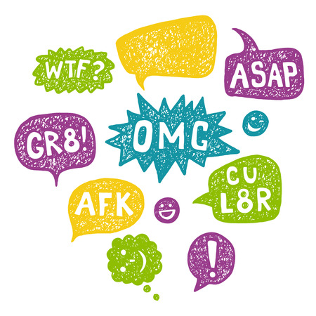 Hand drawn Speech Bubble Acronyms Set. Intetnet and chat  abbreviationsのイラスト素材