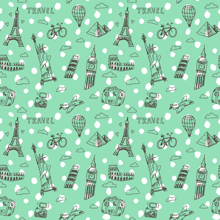 Hand drawn doodles pattern with world famous landmarks.のイラスト素材