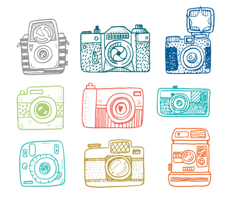 Illustration sketch vintage retro photo cameras set.のイラスト素材