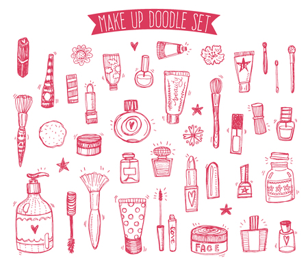 Hand drawn collection of make up and cosmetics sketchy illustrationsのイラスト素材
