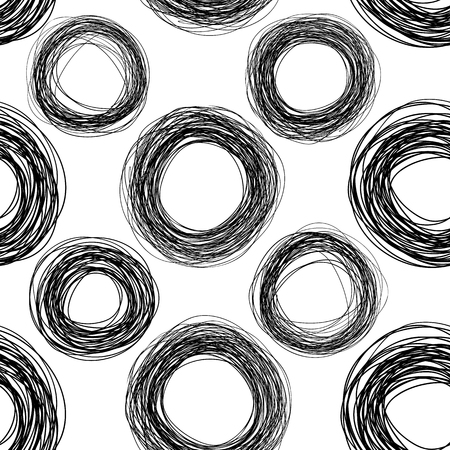 Abstract scribble seamless texture, black and white circles patternのイラスト素材