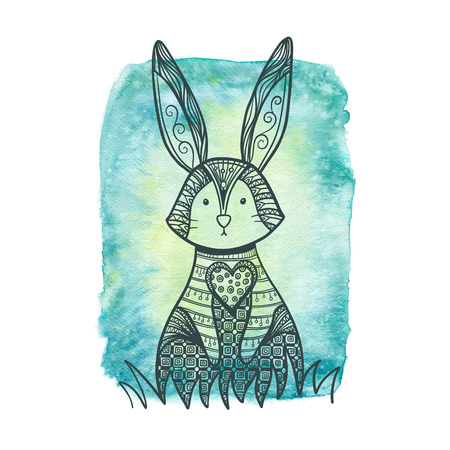 Drawing rabbit on a watercolor background. Decorative Rabbit, Easter Bunny.のイラスト素材