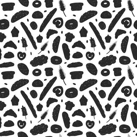 Hand drawn black and white bakery silhouettes vector seamless pattern.のイラスト素材