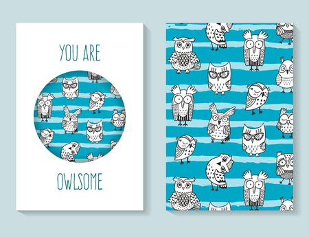 Funny doodle owls postcard templateのイラスト素材