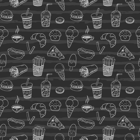 Seamless chalkboard pattern with doodle fast food. Hand drawn potato fries, pizza, burger, sweets, ice cream, drinks, hot dog and other junk food.のイラスト素材