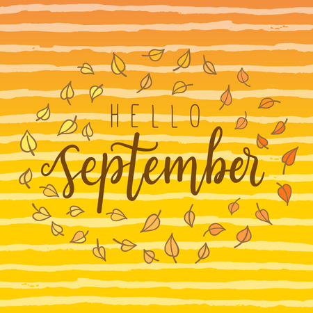 Hello September,  lettering calligraphic word. greeting card template, typographic illustration with words about autumnのイラスト素材