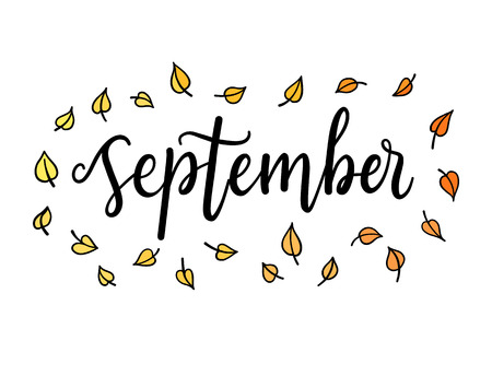 Hello September, lettering calligraphic word. greeting card template, typographic illustration with  words about autumnのイラスト素材