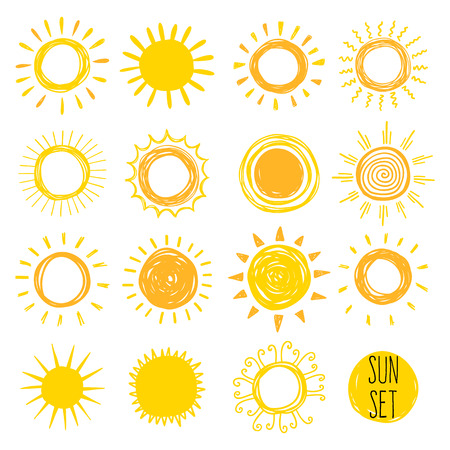 Funny doodle suns. Hand drawn vector set.のイラスト素材