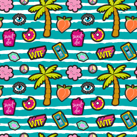 80s Fashion vector seamless pattern with pop art patches, pins, badges and stickersのイラスト素材