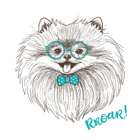 Vector sketch illustration of a cute little Pomeranian with bow and round glasses. Fashionable dog print design. Smiley face of Pom puppyのイラスト素材