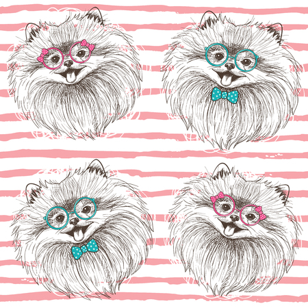 Fashionable seamless vector pattern with hand drawn happy pomeranians boy and girlのイラスト素材