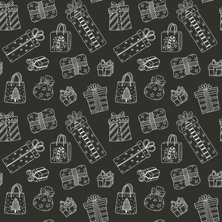 Seamless pattern with hand drawn doodle Christmas gift boxes.のイラスト素材