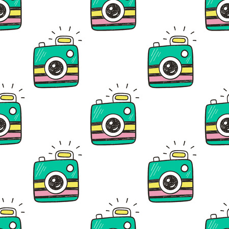 Doodle retro photo cameras seamless pattern. 80s pop art design, patches and stickers collectionのイラスト素材