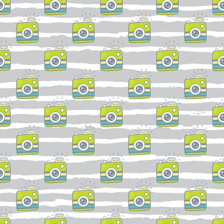 Doodle retro photo cameras seamless pattern. 80s pop art design, patches and stickers collectionのイラスト素材