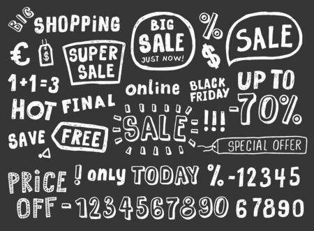 Hand Drawn chalkboard doodle style Sale tag, numbers, and labels sketch Elementsのイラスト素材