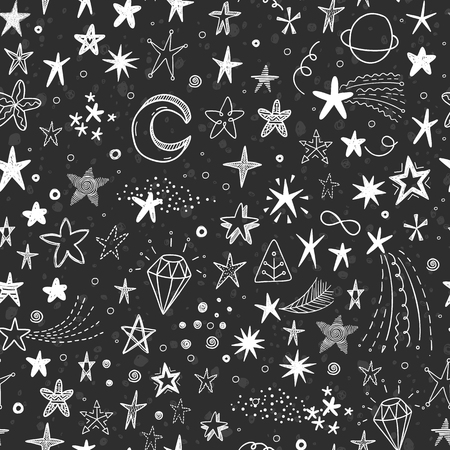 Cute vector background with hand drawn doodle funny stars, comets and moonのイラスト素材