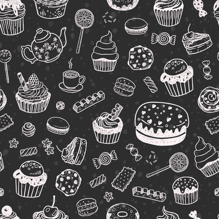 Set of various doodles, hand drawn sweets, cupcakes and candies sketches seamless chalkboard patternのイラスト素材