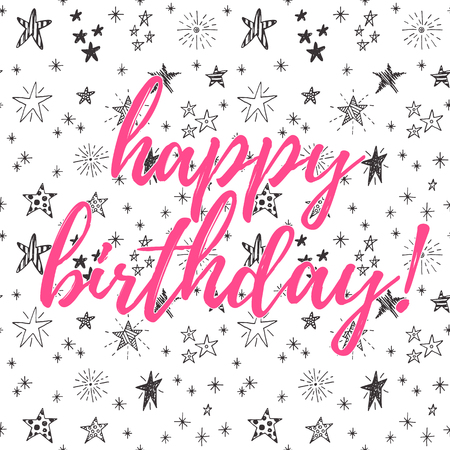 Happy birthday greeting card on a doodle stars background.のイラスト素材