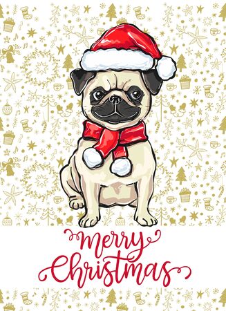 Merry Christmas greeting card with funny pug dog in Santa hat, vector illustrationのイラスト素材