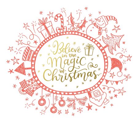 Happy Holidays greeting card with calligraphic phrase and doodle frame with hand drawn Christmas decorationsのイラスト素材