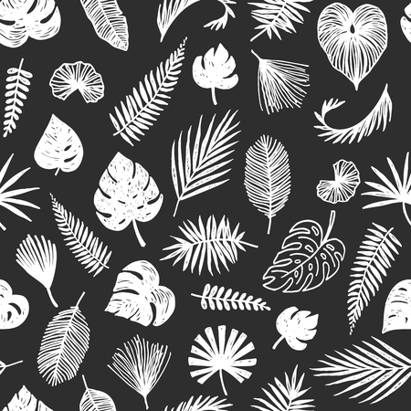 black and white palm leaves vector background, seamless trendy tropical pattern designのイラスト素材