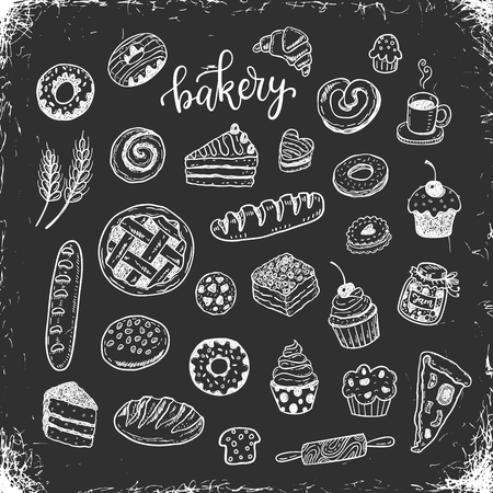 Hand drawn bakery, food doodles on a chalkboardのイラスト素材