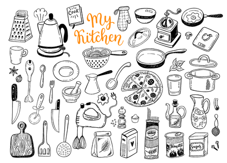 Kitchen utensils, cooking stuff hand drawn sketch set, collection of a funny isolated doodles.のイラスト素材