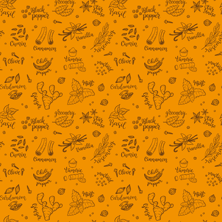 Seamless vector pattern background with hand drawn spices and herbs doodles.のイラスト素材