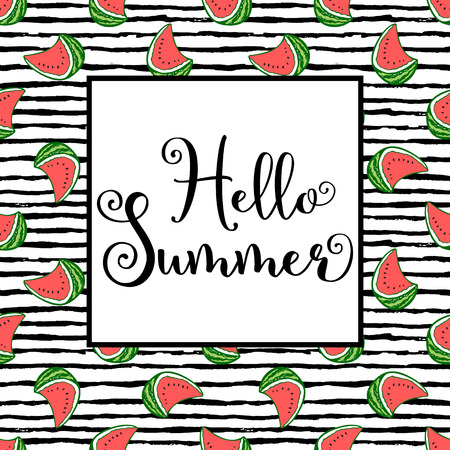 Hello summer  calligraphic phrase on a black and white stripes pattern with watermelons.のイラスト素材