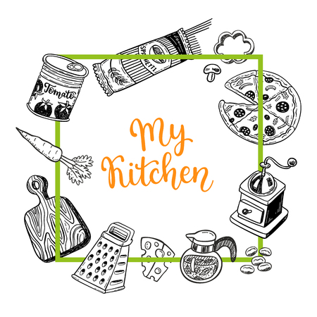 Page template set for notes or cooking recipe cards with hand drawn doodle food and kitchen design elementsのイラスト素材