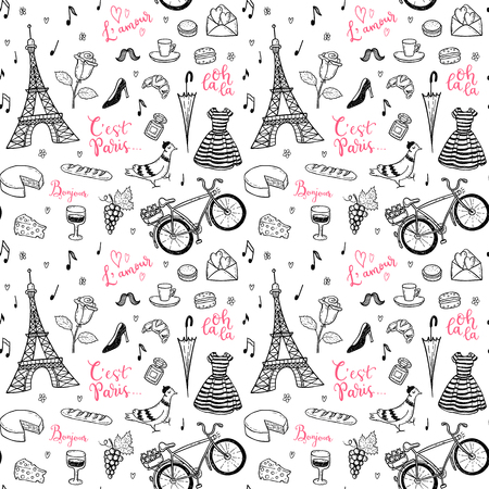 Seamless vector pattern with hand drawn Paris, France symbols doodles.のイラスト素材
