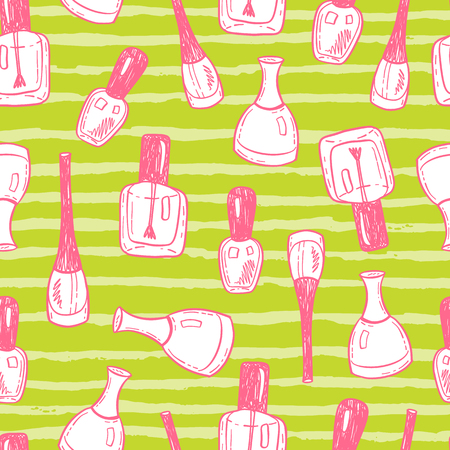 Seamless vector pattern with hand drawn nail polish bottles on a striped backgroundのイラスト素材