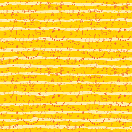 Hand drawn doodle party background with air balloons, fireworks, confetti, and bunting flags garlandsのイラスト素材