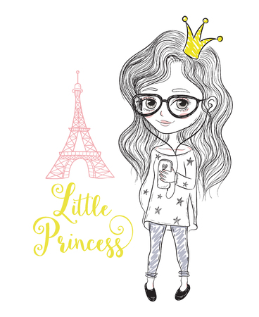 Vector illustration of cute cartoon little princess, fashion girl with Eiffel towerのイラスト素材
