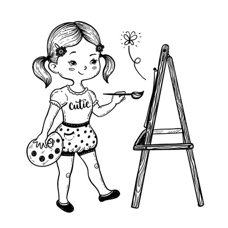 Vector illustration of a cute little girl drawing behind an easelのイラスト素材