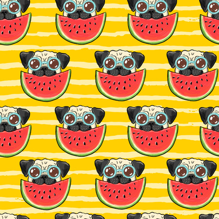 Seamless summer vector background pattern with funny pug dog in sunglasses eating watermelonのイラスト素材