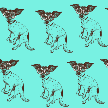 Seamless pattern with hand drawn jack russell terrier dog in glassesのイラスト素材