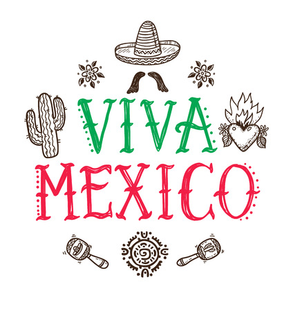 Viva Mexico greeting card with hand drawn Mexican doodle iconsのイラスト素材