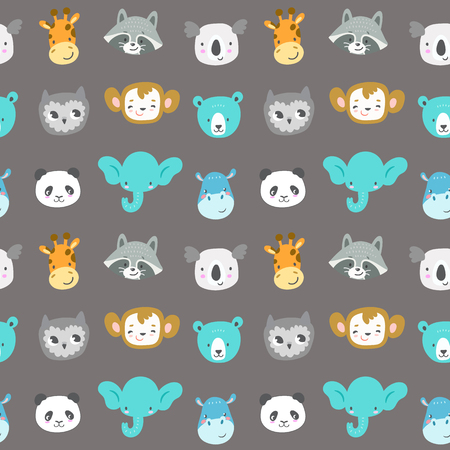 Seamless vector pattern with cute smiling animal heads. Cartoon elephant, monkey, raccoon, panda, owl, giraffe, bear, koala and hippo. Funny zoo characters.のイラスト素材
