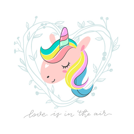 Cute cartoon unicorn vector illustration. Love is in the air greeting card. Perfect for kids apparel, fabric, textile, nursery decoration, greeting card, t-shirt design, print or poster.のイラスト素材