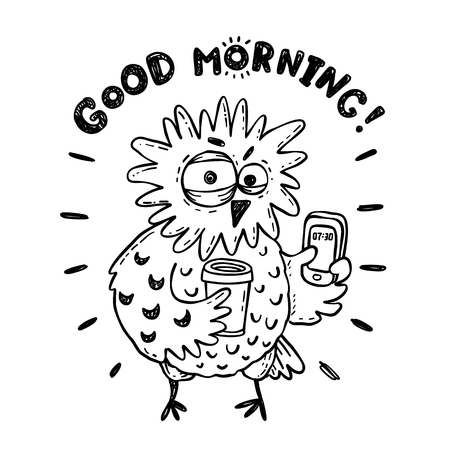 Funny doodle owl with coffee, not so good morning illustrationのイラスト素材
