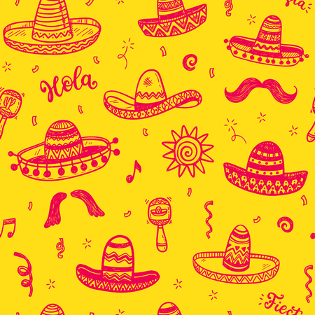 Vector seamless pattern with hand drawn doodle Mexican sombreros. Independence day, Cinco de mayo celebration, party decorations for your design.のイラスト素材