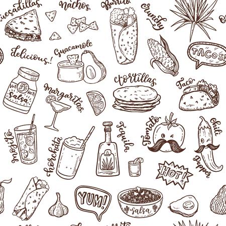 Seamless vector pattern with hand drawn Mexican food. のイラスト素材